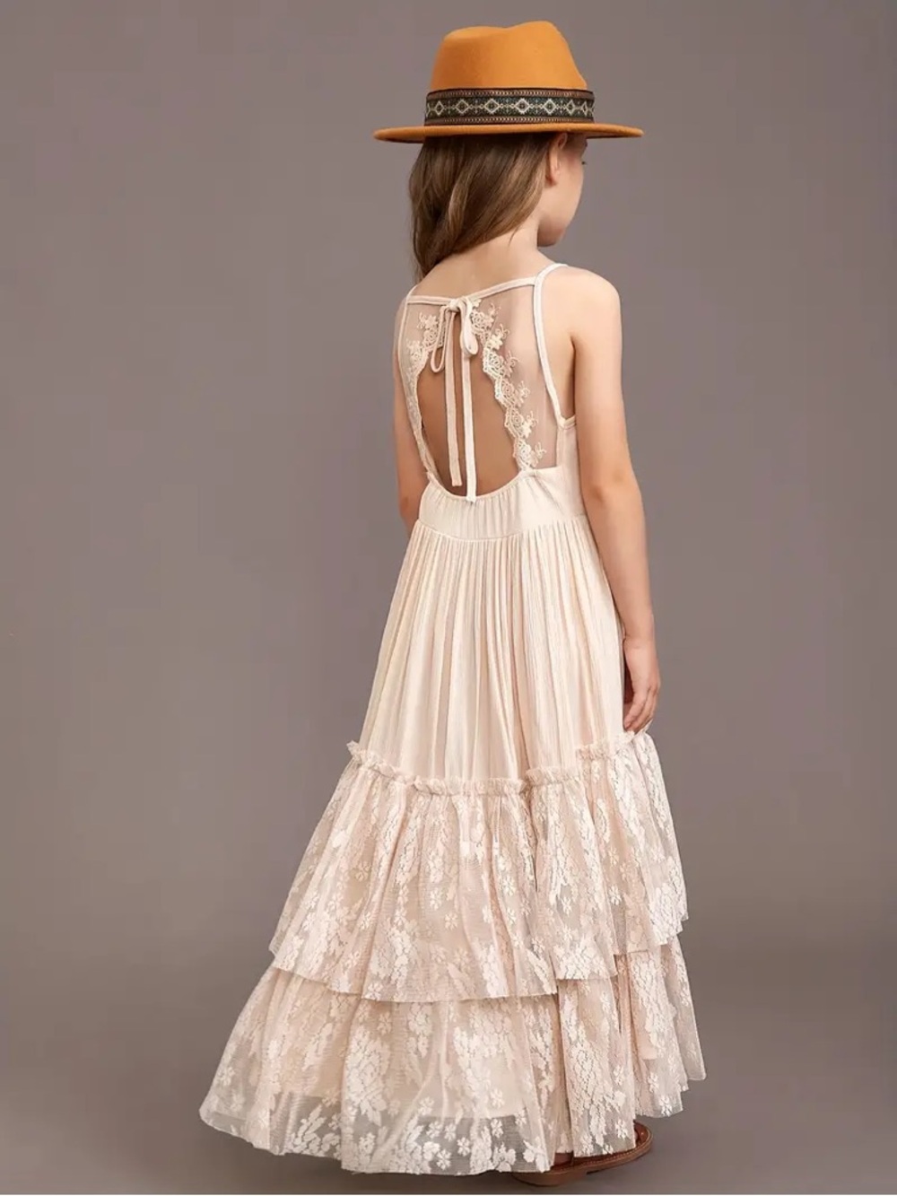 Girls Boho Lace Tiered Maxi Dress in cream size 12Y